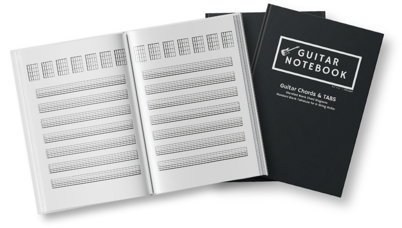 3 workbooks titled Guitar Notebook with one of them opened to view the inside page