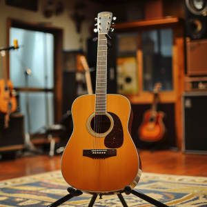 a Yamaha JR1 acoustic guitar sitting on a guitar stand in a music studio