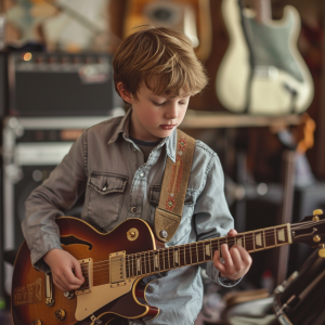 a 7 year old boy playing electric guitar in a music studio