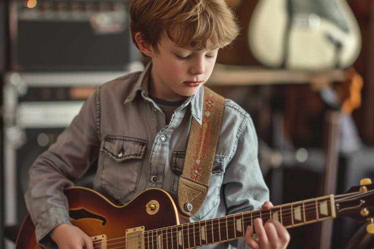 a 7 year old boy playing a semi-hollow body Les Paul electric guitar in a music studio