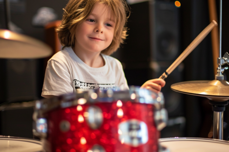 a 7 year old boy playing a red sparkle drum set in a music studio