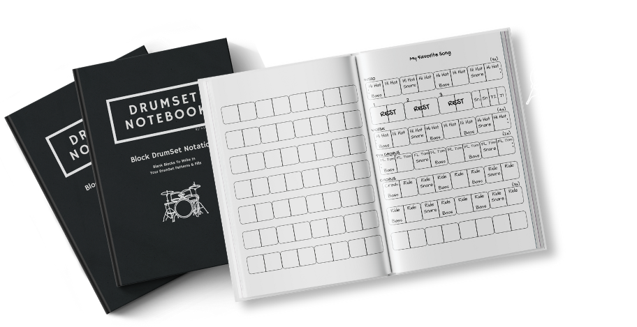 3 workbooks titled DrumSet Notebook with one of them opened to view the inside page with an example song written out