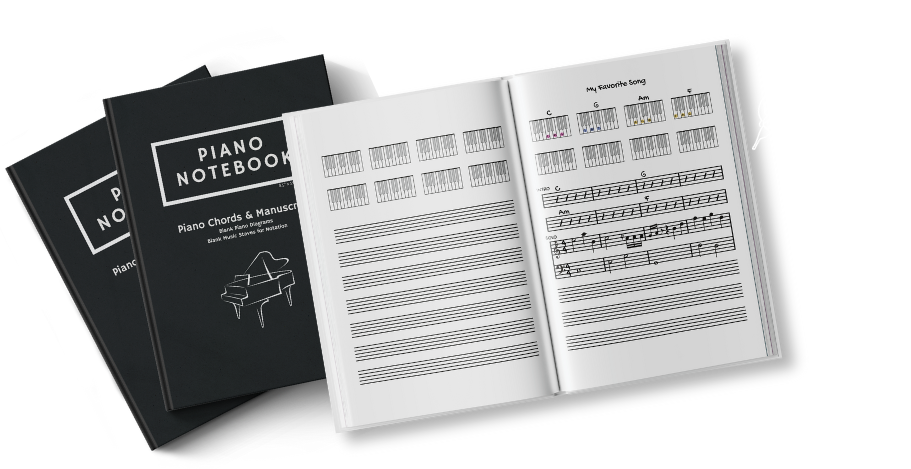 3 workbooks titled Piano Notebook with one of them opened to view the inside page with an example song written out