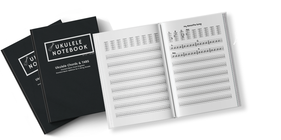 3 workbooks titled Ukulele Notebook with one of them opened to view the inside page