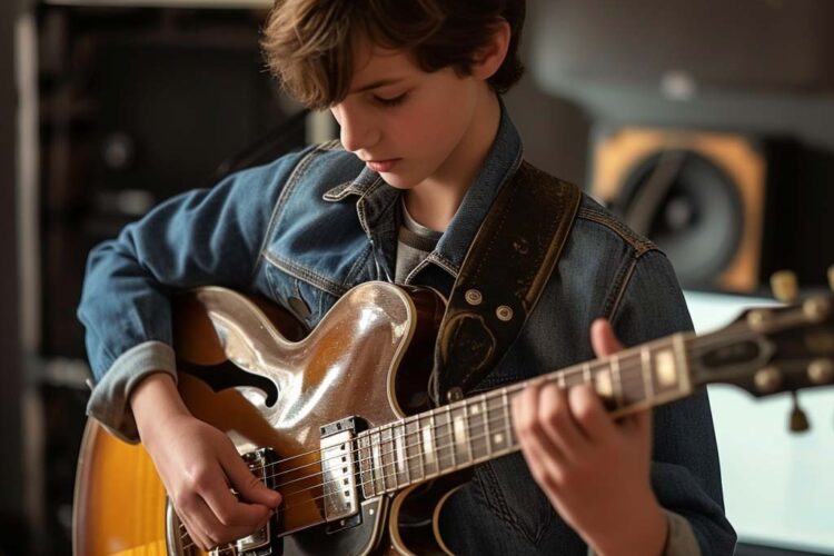 a 14 year old boy playing a Gibson ES-339 semi-hollowed body guitar in a music studio